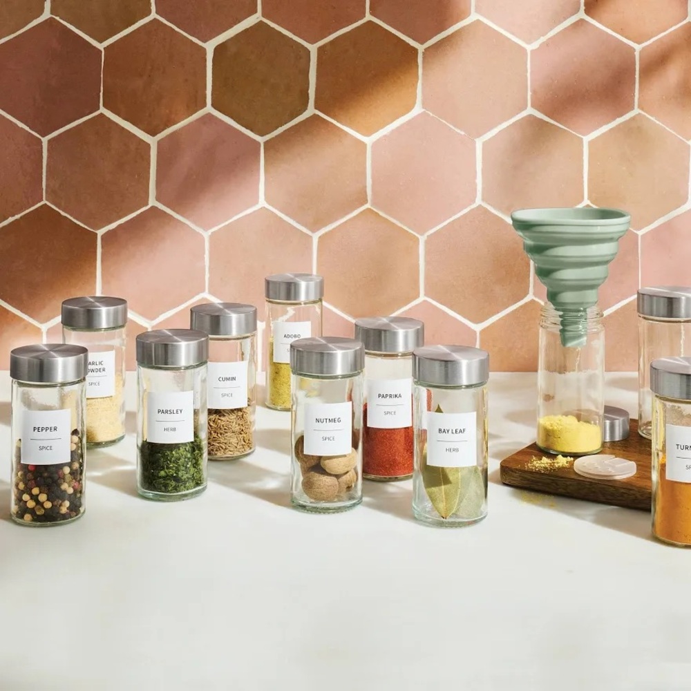 Figmint Glass Spice Jar Set w/ Labels & Collapsible Funnel